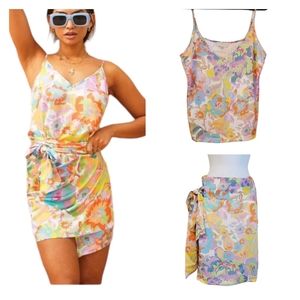 NWT - SKIRT SET cami top blouse chemise wrap skirt floral watercolor 12
